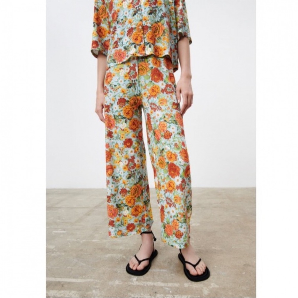 NWT ZARA FLORAL WIDE-LEG PANTS SZ S